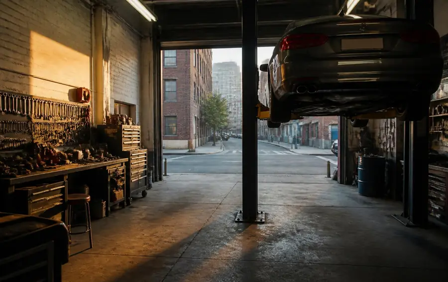 Interior of Downtown San Diego Auto Repair's shop with a car raised on a lift and the downtown street visible through the open bay door